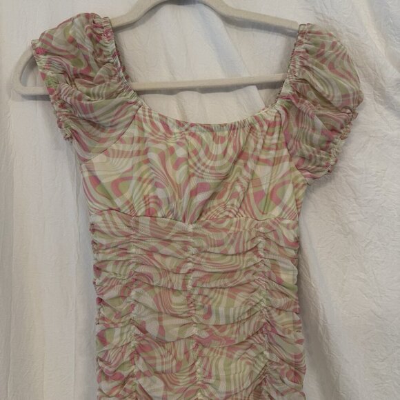 Madden NYC Bodycon Dress XS Ruched Pink Green Swirl Y2K Milkmaid Sheer Mesh Sexy - Picture 13 of 14